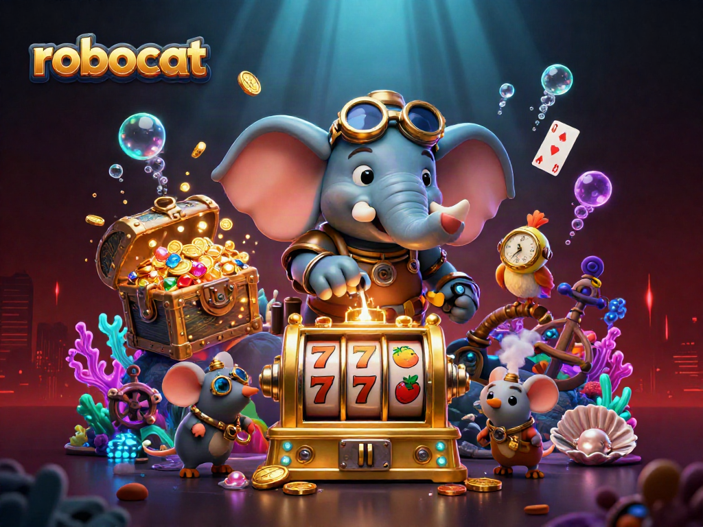 Robocat spins the reels on a vibrant slot machine amidst treasures and casino elements.