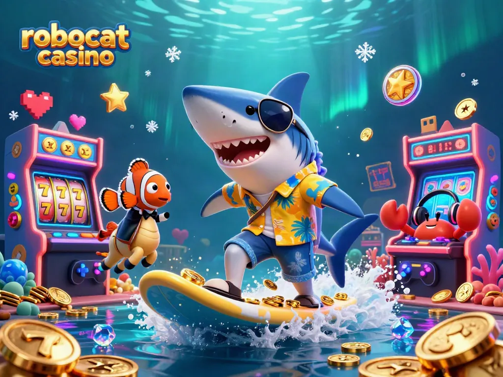 Engage with robocat casino's vibrant gaming world amidst cartoon characters and festive elements.