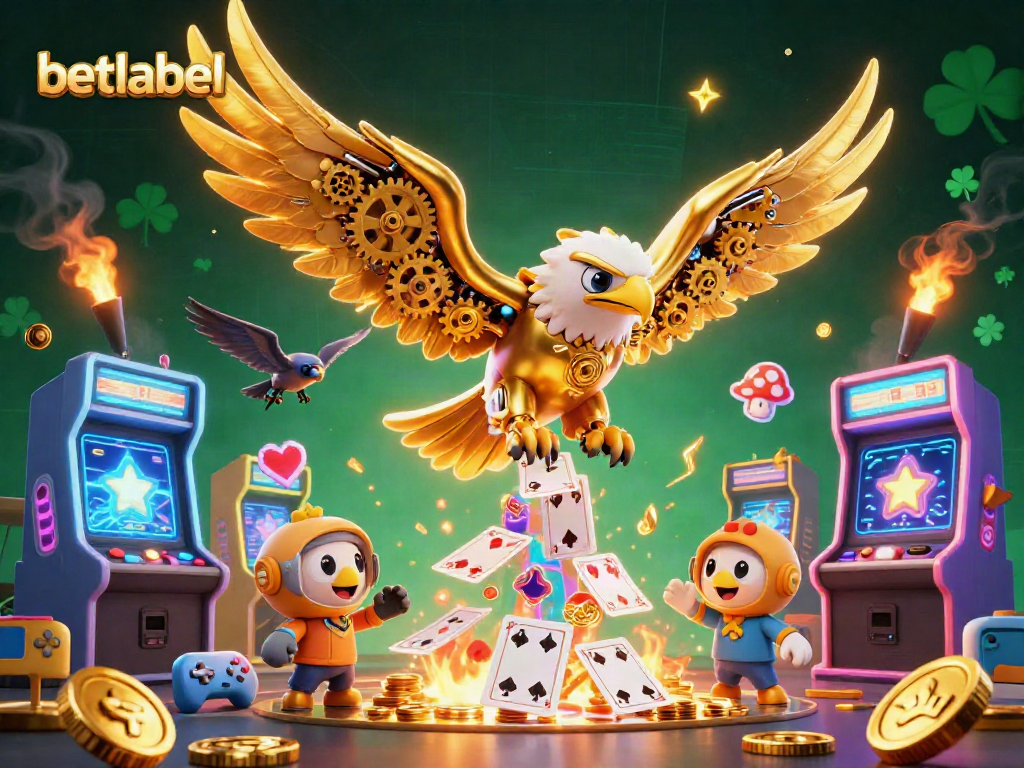 Engage in thrilling betting with betlabel, featuring a dynamic 3D illustration of a golden eagle in a vibrant casino scene.