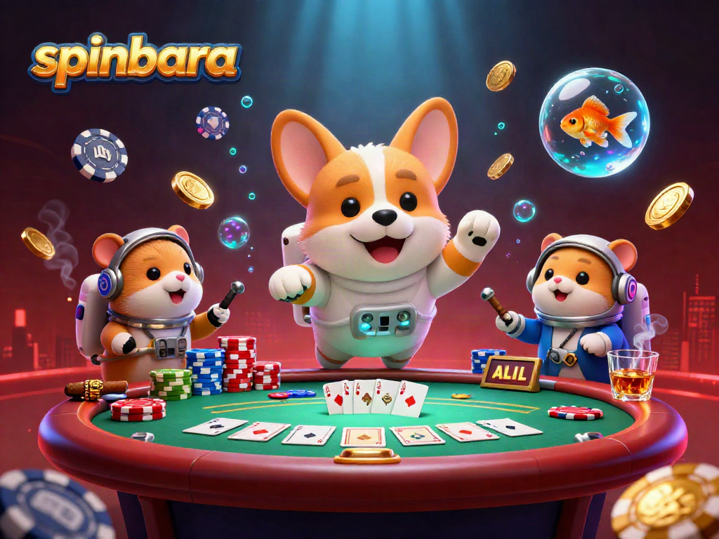 Explore engaging gameplay at spinbara casino with cartoon astronauts and poker action in a vibrant, cosmic setting.