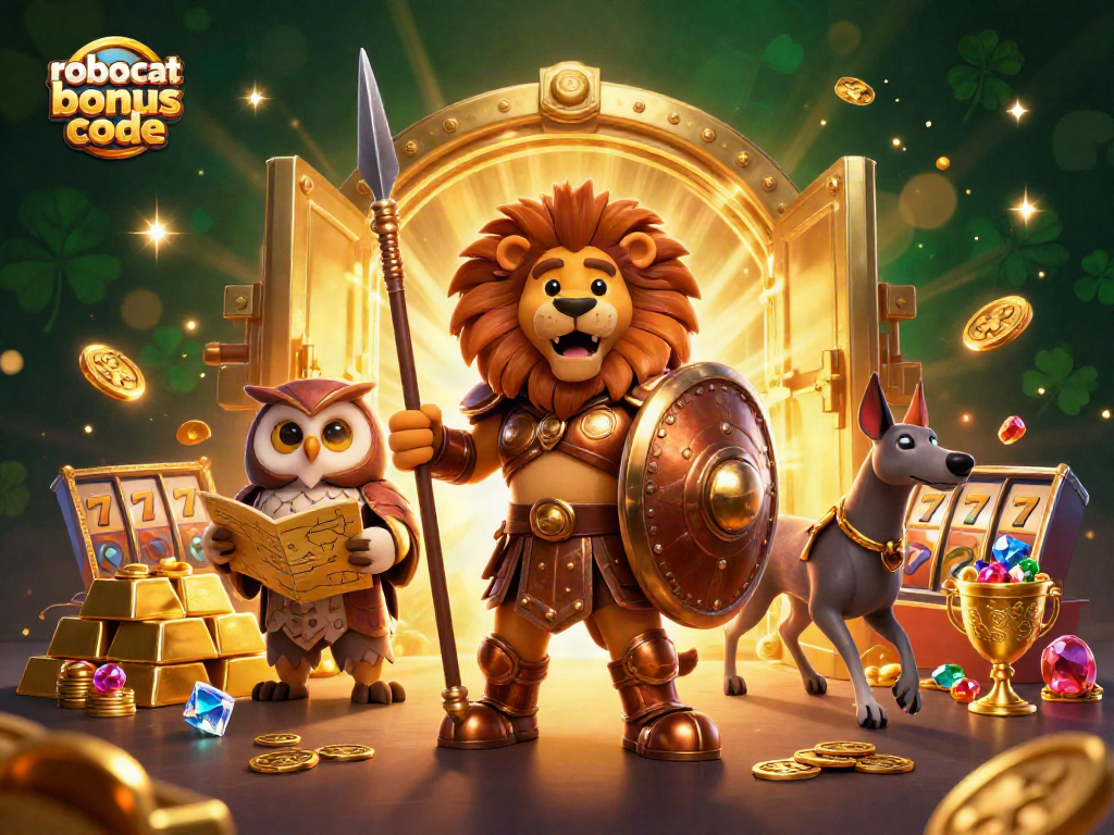 Engage with the thrilling robocat bonus code scene, featuring a Spartan lion and dynamic game elements.
