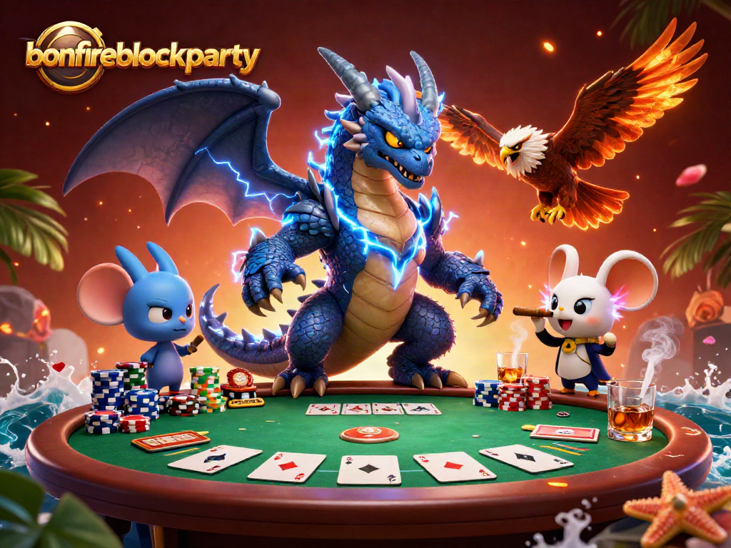 Experience thrilling action at the bonfireblockparty with animated casino elements and characters.