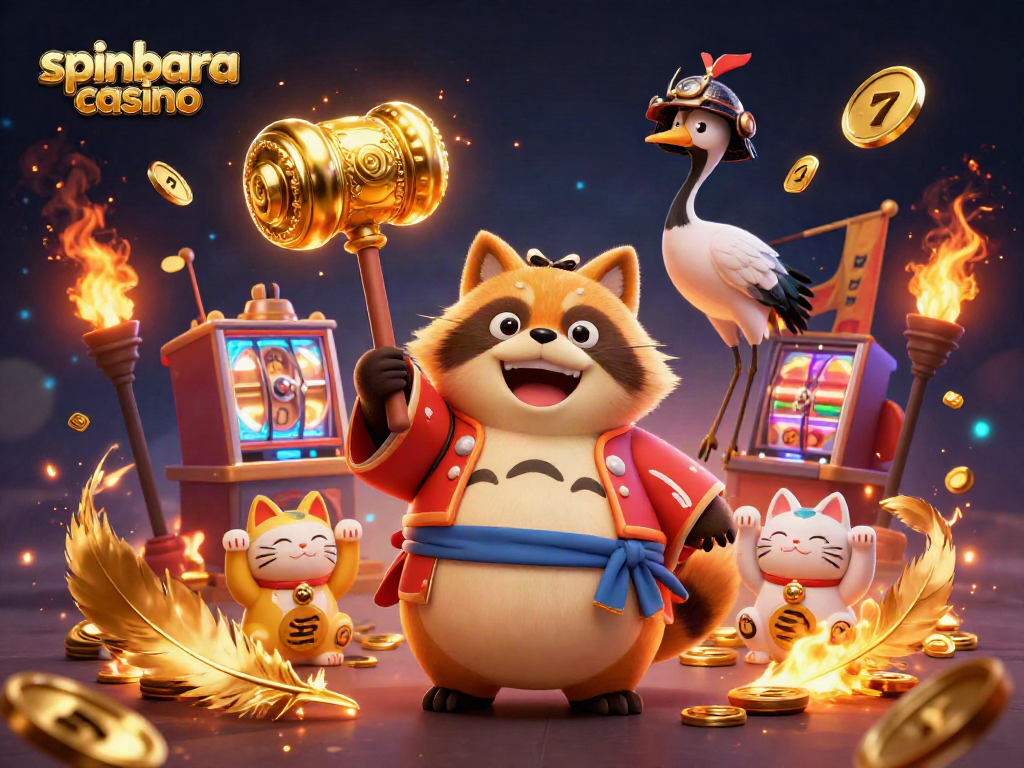 Experience the thrill of spinbara casino with a cheerful tanuki and vibrant surroundings.